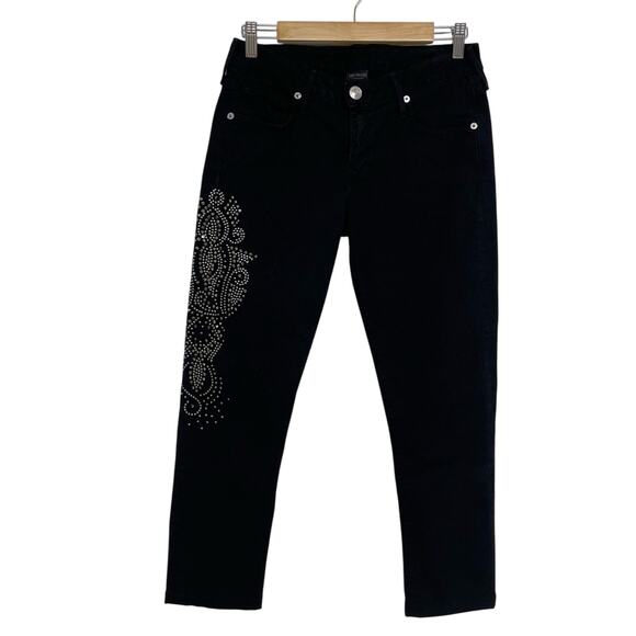 True Religion Black Mid Rise Bedazzled Skinny Ankle Jeans Y2K Womens 29 Studded - Picture 1 of 7